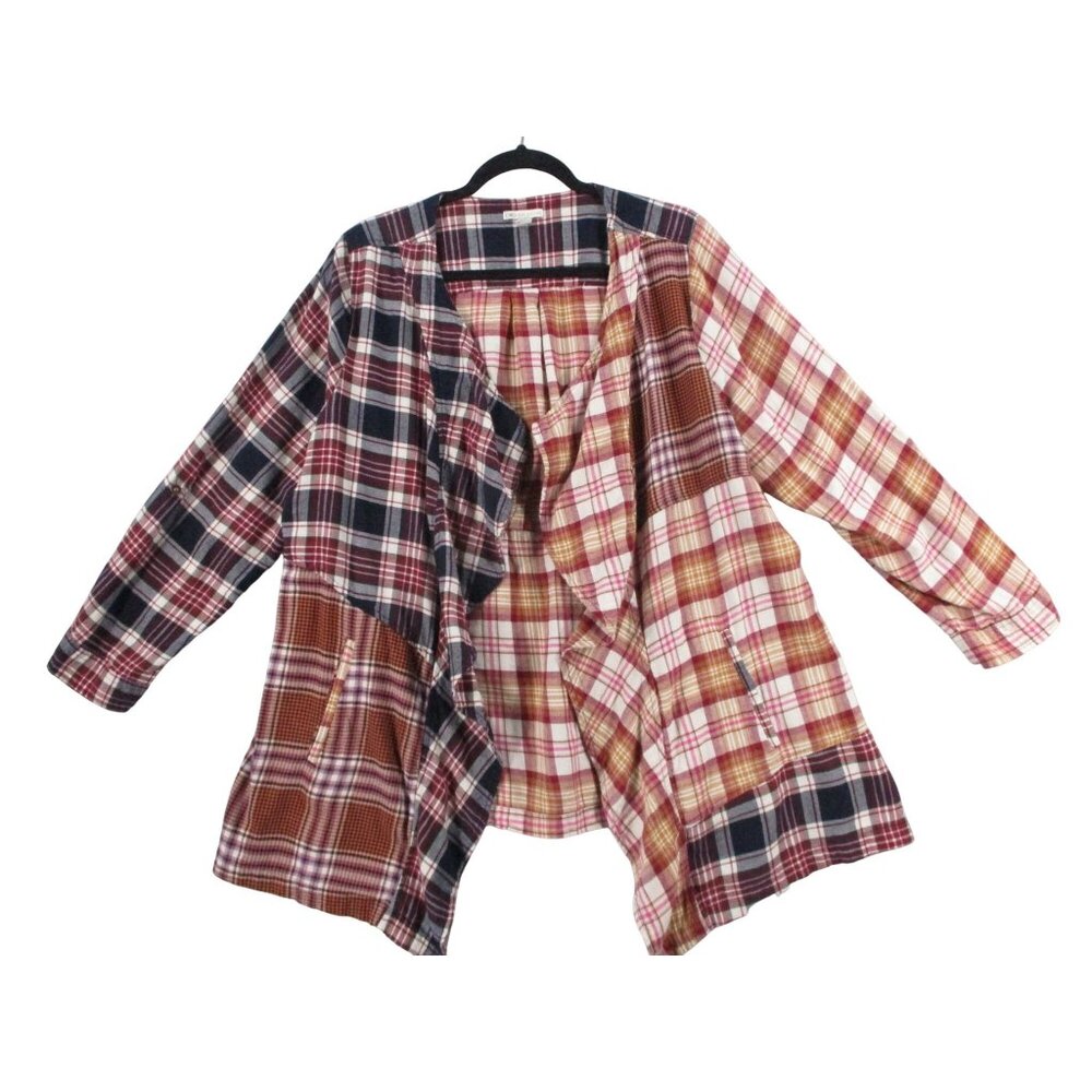 Patchwork Plaid Open-Front Cardigan Coatigan Jacket By Cato Sz 18/20W Multicolor